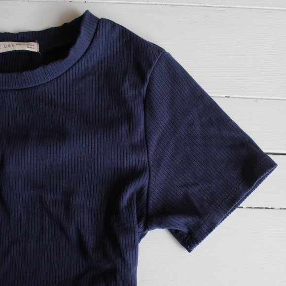 Navy Ribbed Open Tie Back T-Shirt Top - Picture 3 of 5